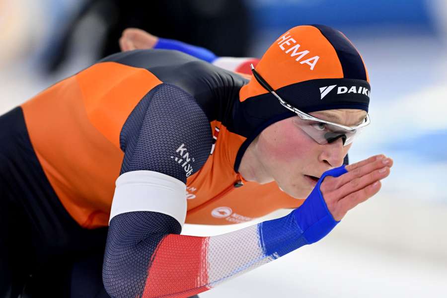 Merijn Scheperkamp tijdens de ploegenachtervolging op de WK Afstanden in Thialf