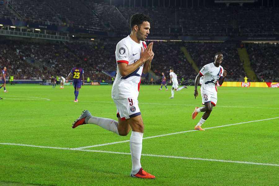 PSG's Goncalo Ramos celebrates scoring the winning goal against Barcelona