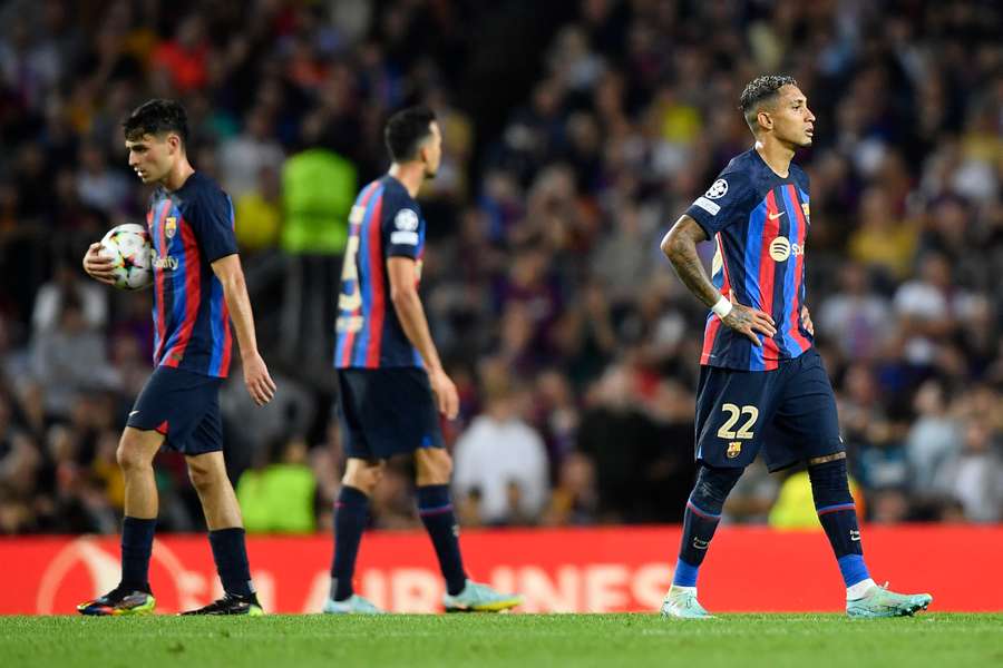 Barcelona's Brazilian forward Raphinha reacts to Inter's second goal during their UEFA Champions League match