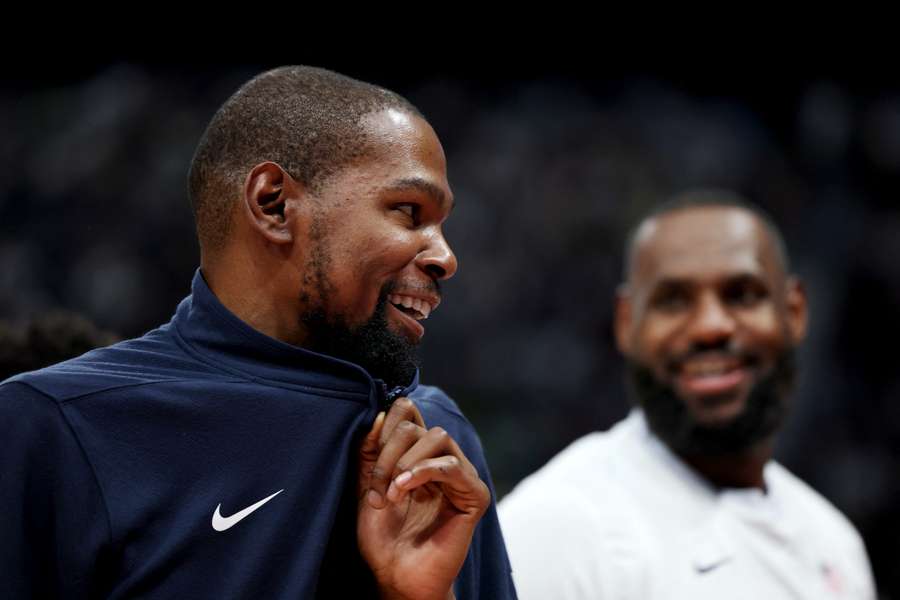 Kevin Durant (left) and LeBron James of the USA during the second half of an exhibition game between the US and Australia