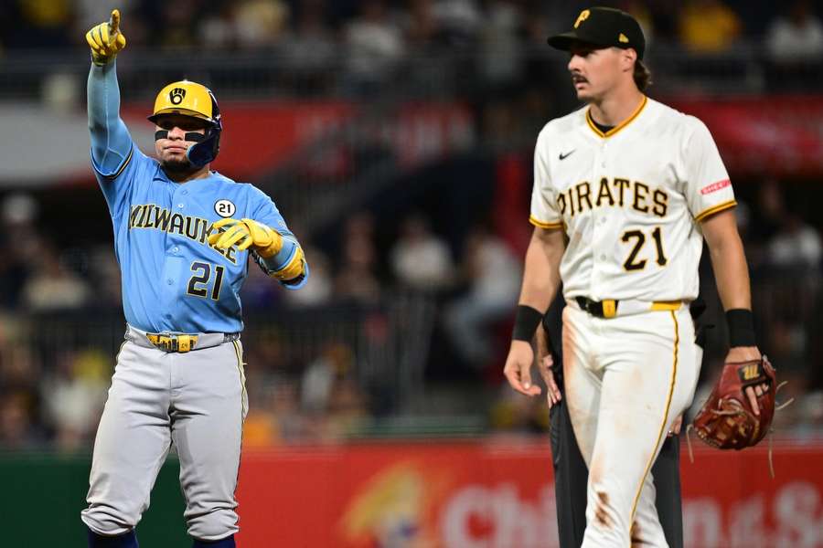 Brewers' William Contreras celebrates during game against Pittsburgh Pirates Brewers' William Contreras celebrates during game against Pittsburgh Pirates