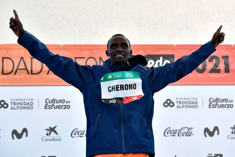 Kenya's Lawrence Cherono celebrates winning the Valencia marathon