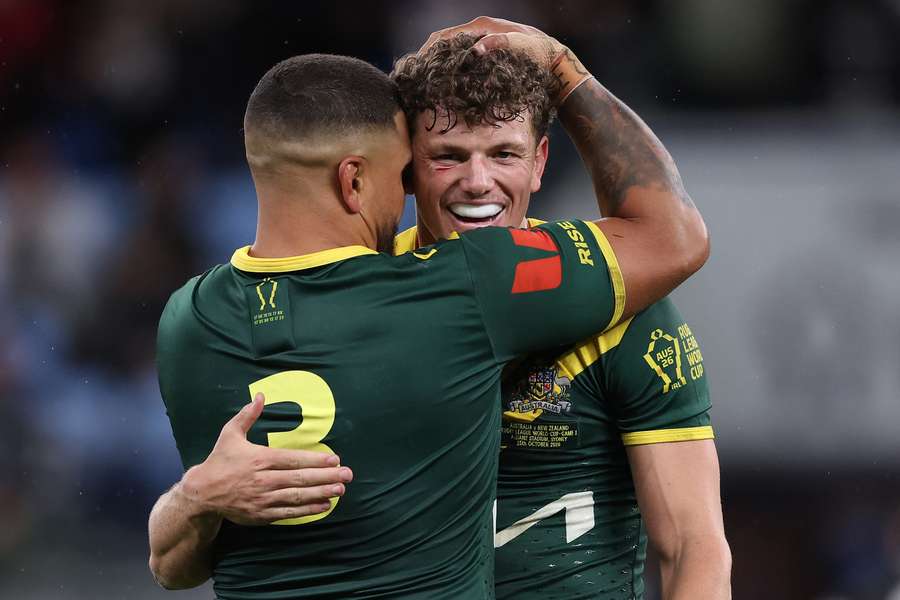 Latrell Mitchell and Jack Bostock of Australia celebrate Latrell Mitchell and Jack Bostock of Australia celebrate