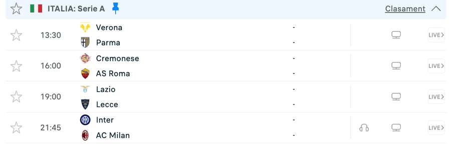 Programul zilei în Serie A