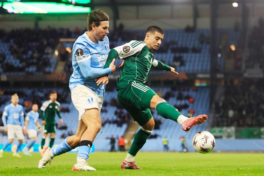 Malmo's Stefano Vecchia in action against Panathinaikos' Anass Zaroury Malmo's Stefano Vecchia in action against Panathinaikos' Anass Zaroury