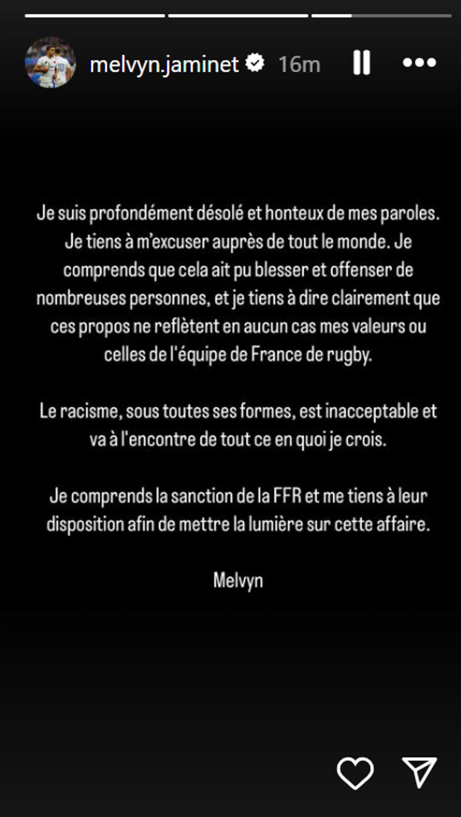 Les excuses de Melvyn Jaminet