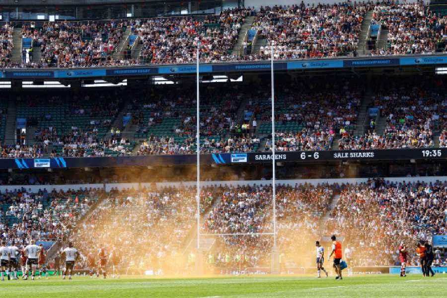 General view of Twickenham as a Just Stop Oil protester invades the pitch