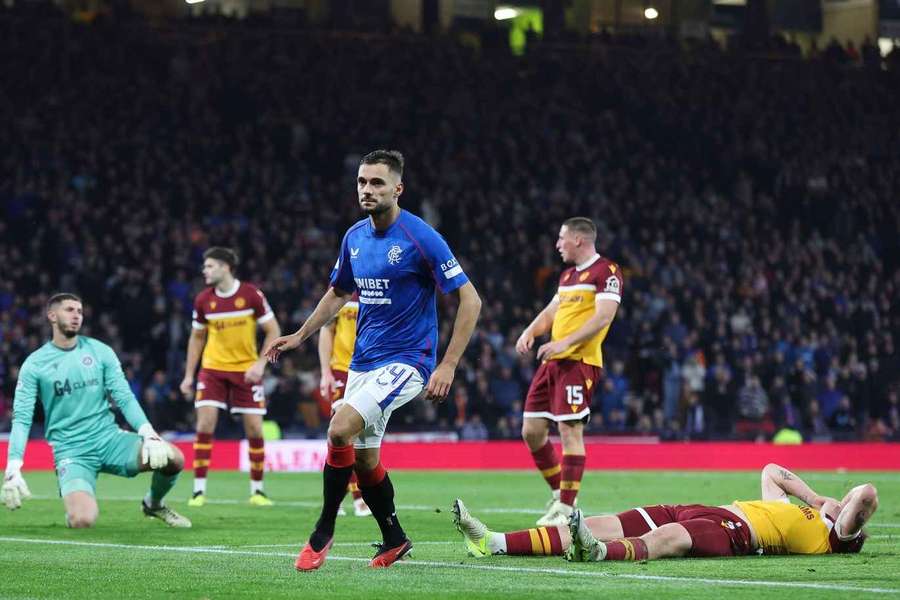 Nedim Bajrami of Rangers celebrates after scoring to make it 2-1