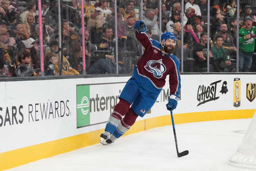 Avalanche's Brent Burns celebrates after first goal of 2025-2026 season Avalanche's Brent Burns celebrates after first goal of 2025-2026 season