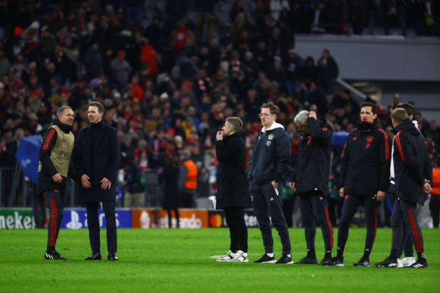 Bayern Munich coach Julian Nagelsmann celebrates with his coaching staff after the match