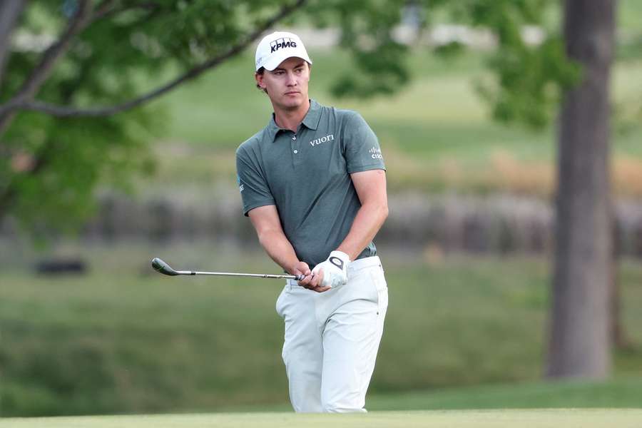 Maverick McNealy chips during second round of PGA Championship Maverick McNealy chips during second round of PGA Championship