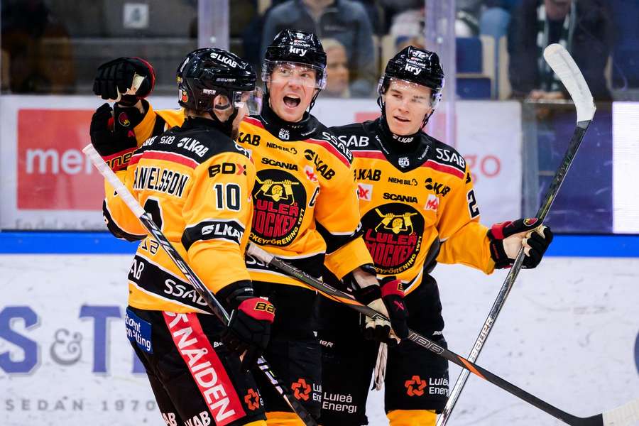 Lulea celebrate Erik Gustafsson's goal which put them ahead