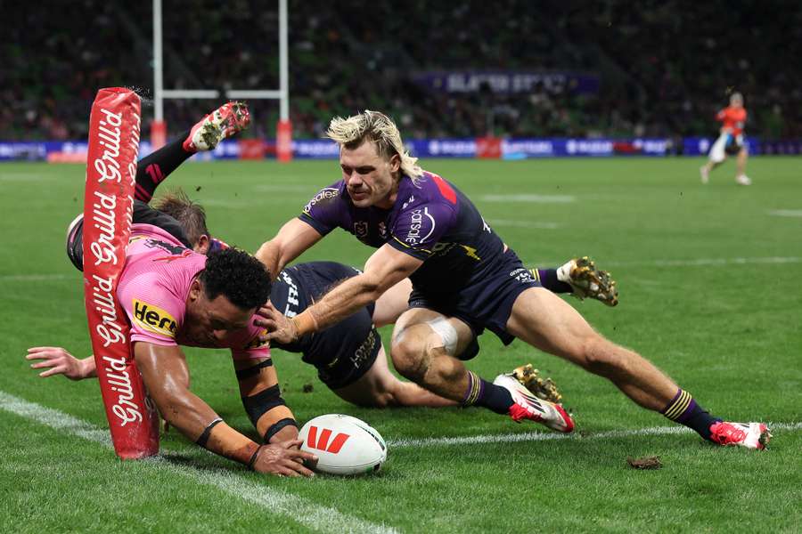 Paul Alamoti scores a try during the Round 3 clash between Penrith Panthers and Melbourne Storm.