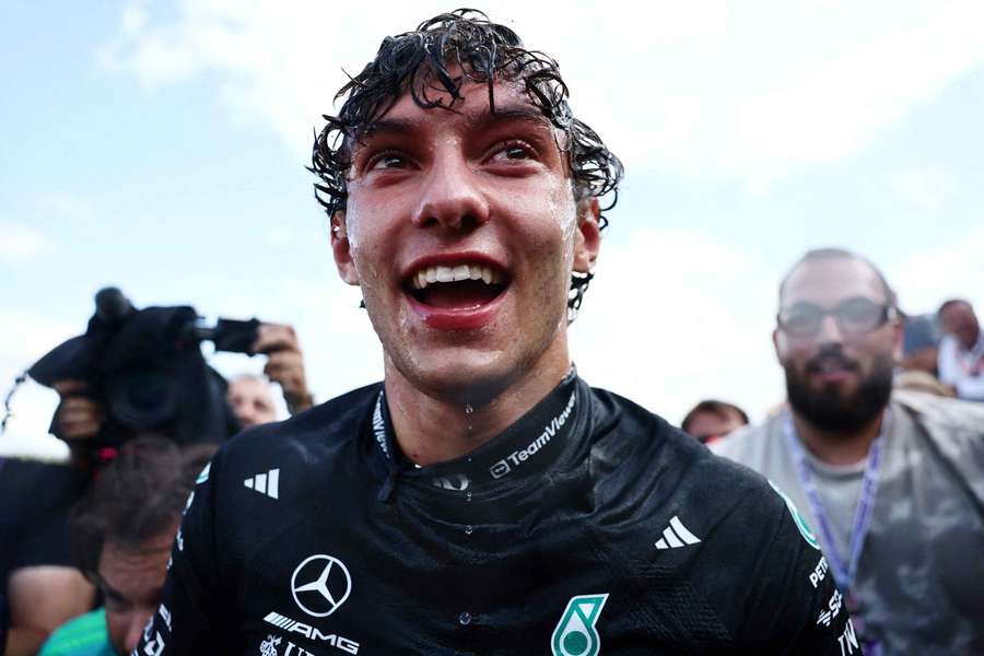 Antonelli celebrates after winning the Belgian Grand Prix Antonelli celebrates after winning the Belgian Grand Prix