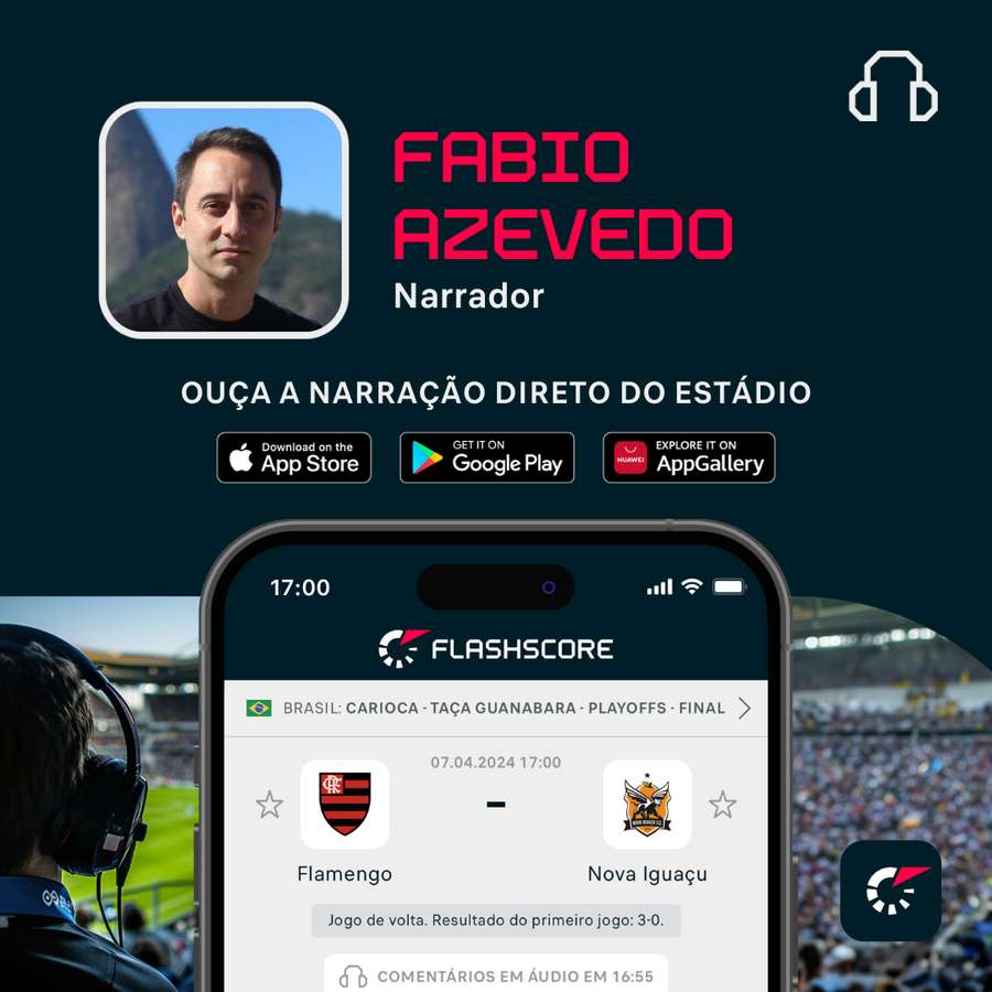 Fábio Azevedo narra Flamengo x Nova Iguaçu neste domingo (7), no Flashscore Fábio Azevedo narra Flamengo x Nova Iguaçu neste domingo (7), no Flashscore