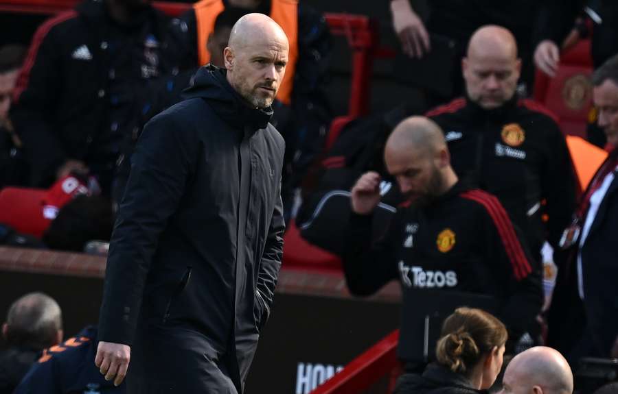 Manchester United's Dutch manager Erik ten Hag reacts during the match against Everton