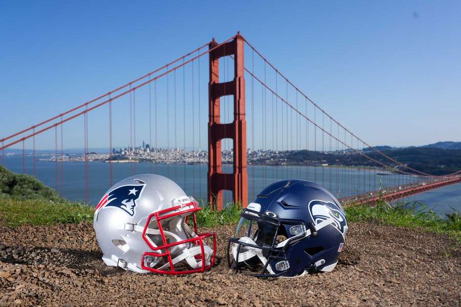 Patriots and Seahawks helmets