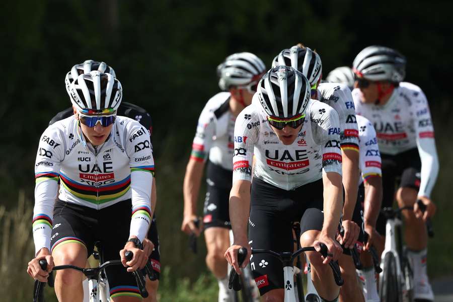Tadej Pogačar and his UAE Team Emirates XRG teammates train ahead of the 2025 Tour de France