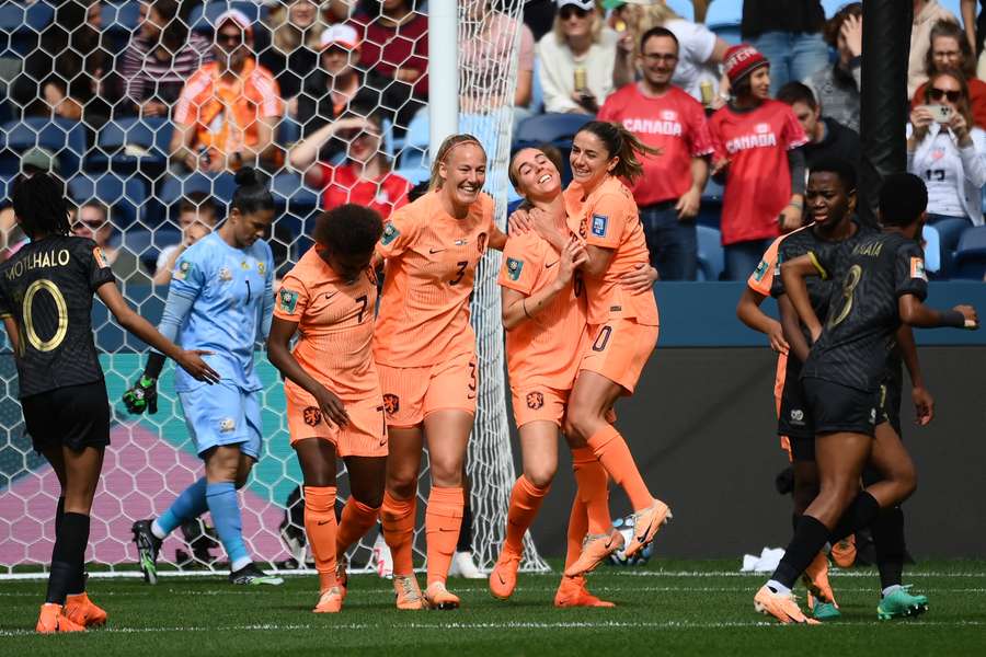 Netherlands' players celebrate against South Africa