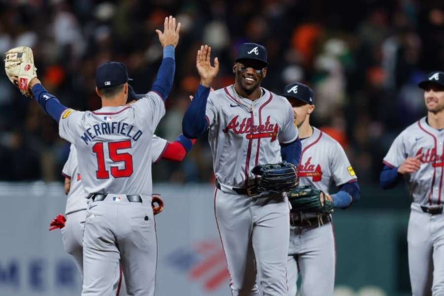 Atlanta Braves outfielder Jorge Soler celebrates with teammates after the game against the San Francisco Giants