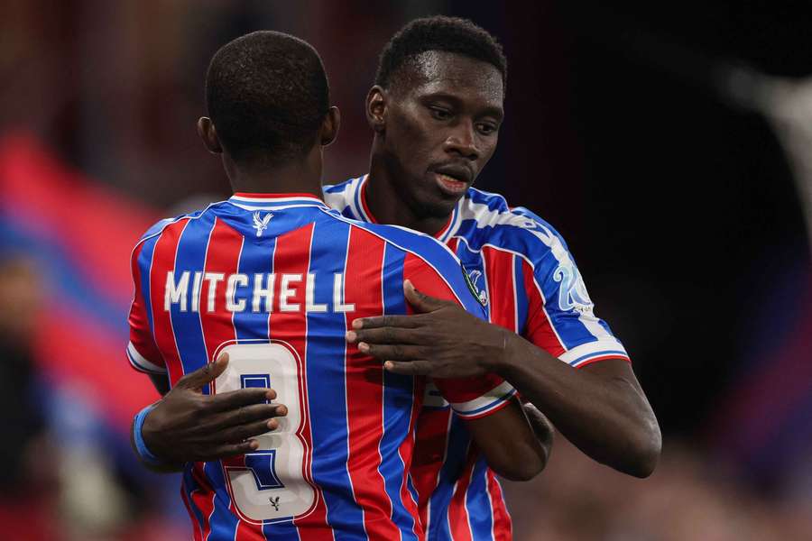 Crystal Palace's Ismaila Sarr celebrates with Tyrick Mitchell after the match 