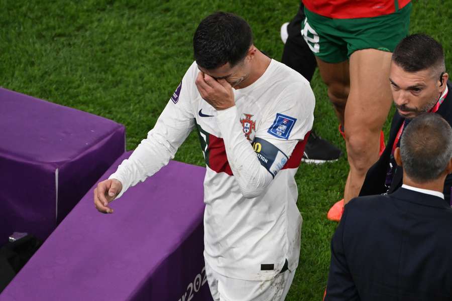 Ronaldo walks down the tunnel in tears after Portugal lost to Morocco in the World Cup quarter-final.