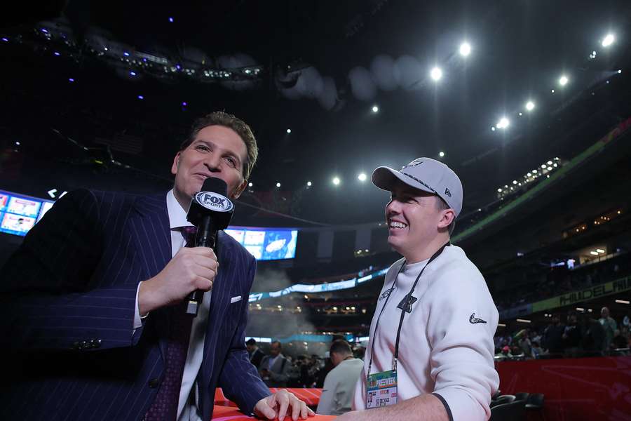 Kellen Moore speaks to the media during Super Bowl LIX 