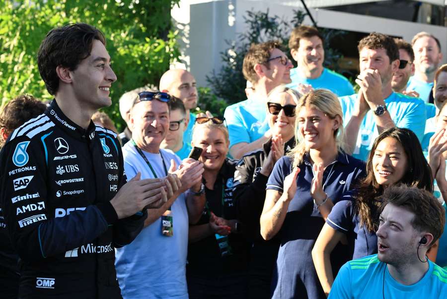 George Russell celebrates his victory in Australia