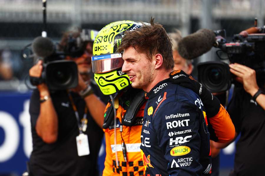 Max Verstappen (R) with Lando Norris after the British driver won the Miami Grand Prix
