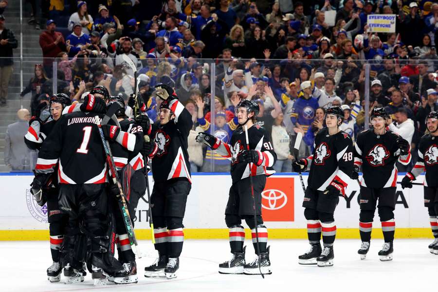 The Buffalo Sabres celebrate another win in the NHL on Saturday night. The Buffalo Sabres celebrate another win in the NHL on Saturday night.