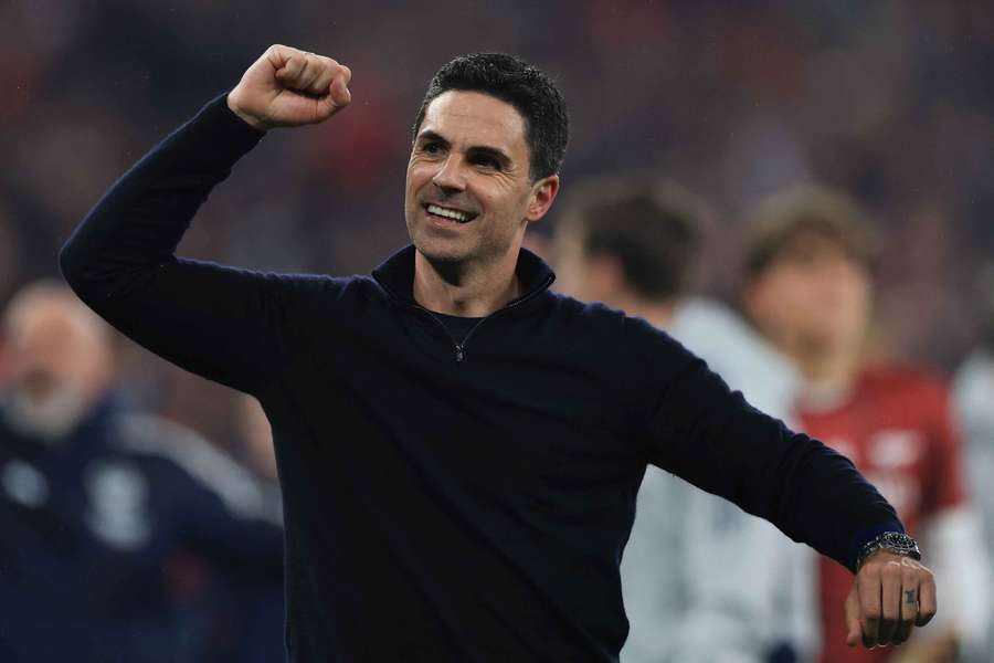 Arsenal manager Mikel Arteta celebrates after reaching the UEFA Champions League final