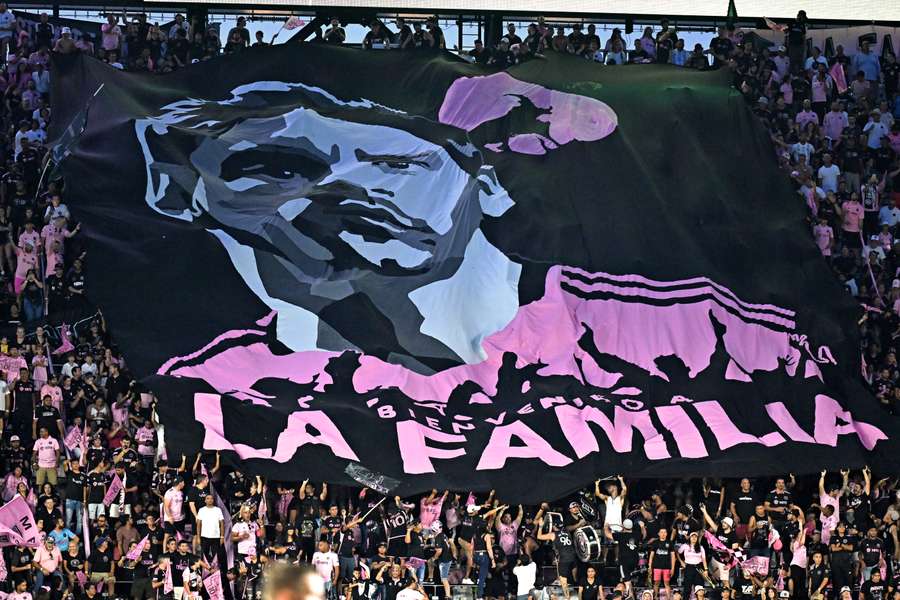 Fans of Inter Miami CF display a large banner during the Leagues Cup Group J football match between Inter Miami CF and Cruz Azul