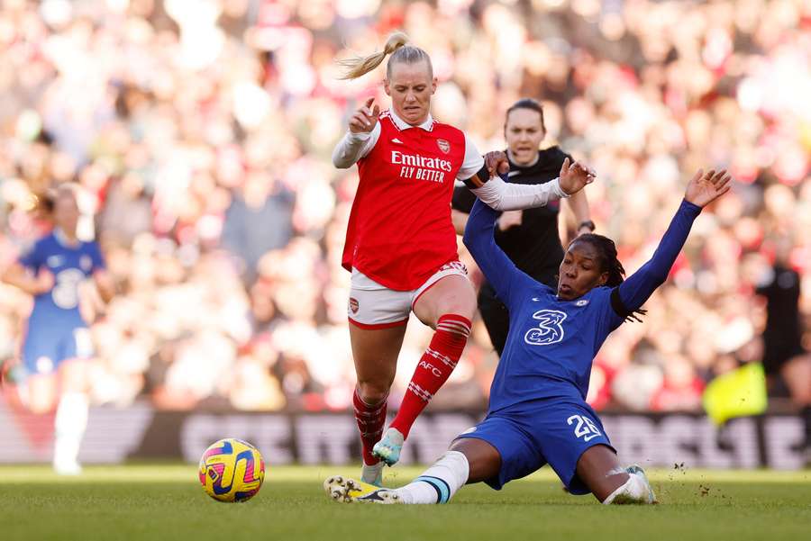 Arsenal's Stina Blackstenius in action with Chelsea's Kadeisha Buchanan