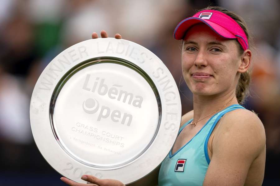 Russia's Ekaterina Alexandrova poses with the trophy after winning the WTA 250 Libema Open