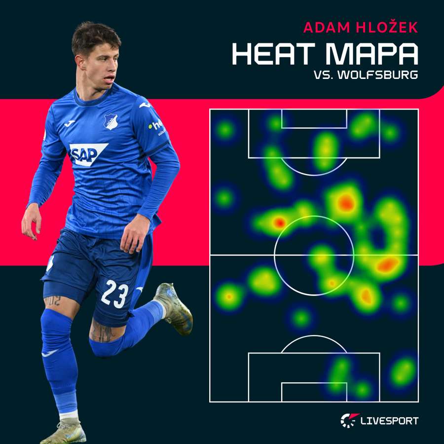 Heat mapa Adam Hložka v záapse s Wolfsburgem.