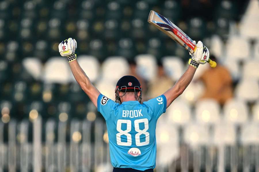 Harry Brook celebrates his double hundred