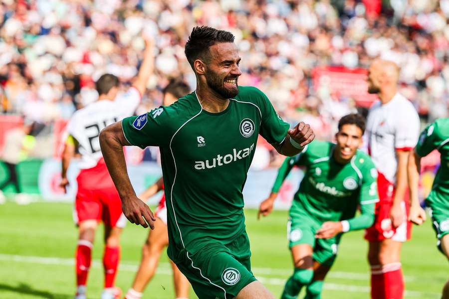 FC Groningen's Marco Rente celebrates scoring the 1-0 against FC Utrecht