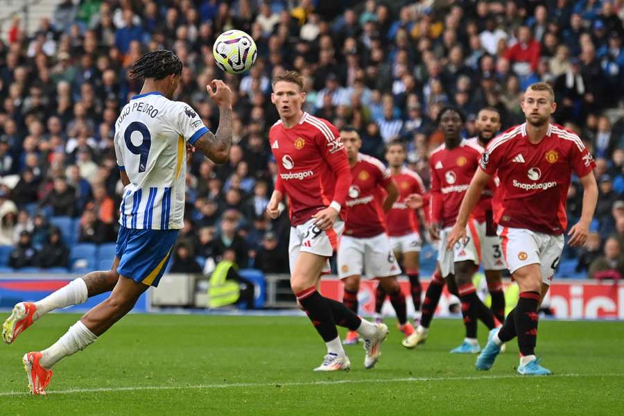 Brighton's Brazilian striker #09 Joao Pedro heads home a dramatic late winner against Man Utd