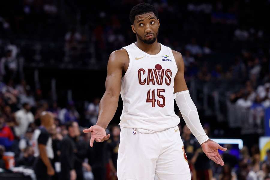 Cleveland Cavaliers guard Donovan Mitchell reacts during the second half against the Detroit Pistons Cleveland Cavaliers guard Donovan Mitchell reacts during the second half against the Detroit Pistons