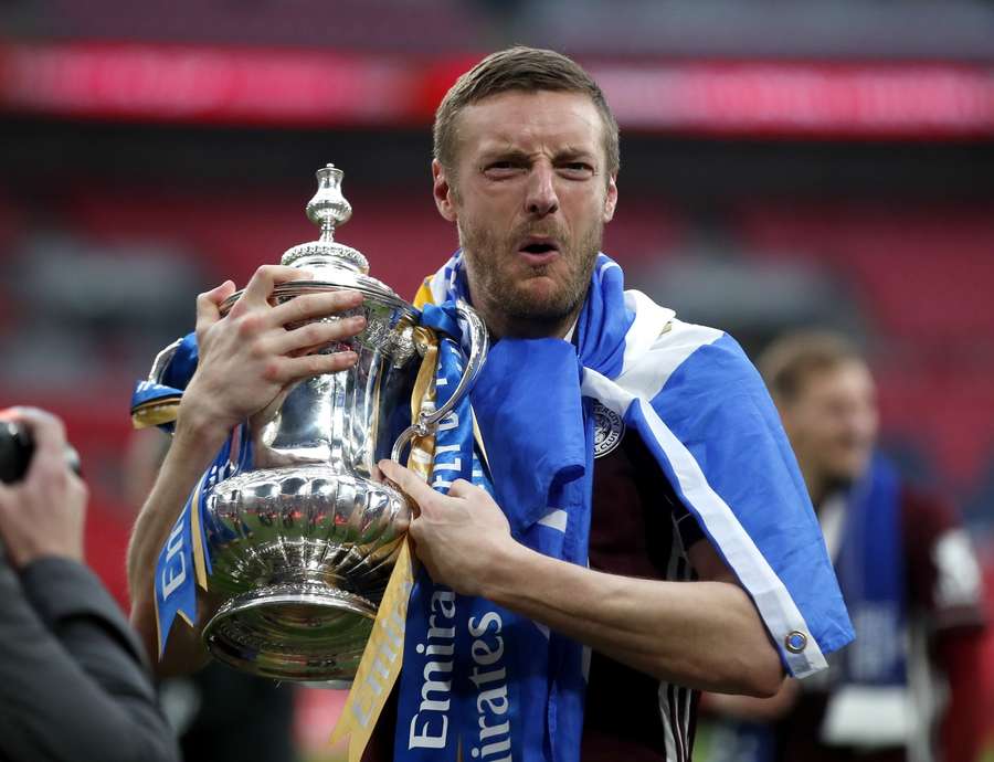 Leicester City's Jamie Vardy celebrates with the FA Cup trophy on Saturday May 15, 2021, after victory over Chelsea. Leicester City's Jamie Vardy celebrates with the FA Cup trophy on Saturday May 15, 2021, after victory over Chelsea.