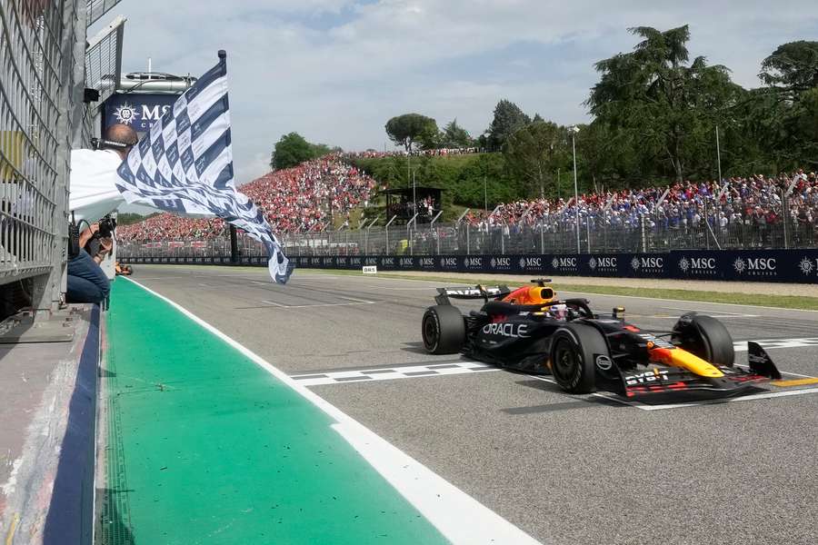 Red Bull driver Max Verstappen of the Netherlands crosses the finish line to win the Italy's Emilia Romagna Grand Prix