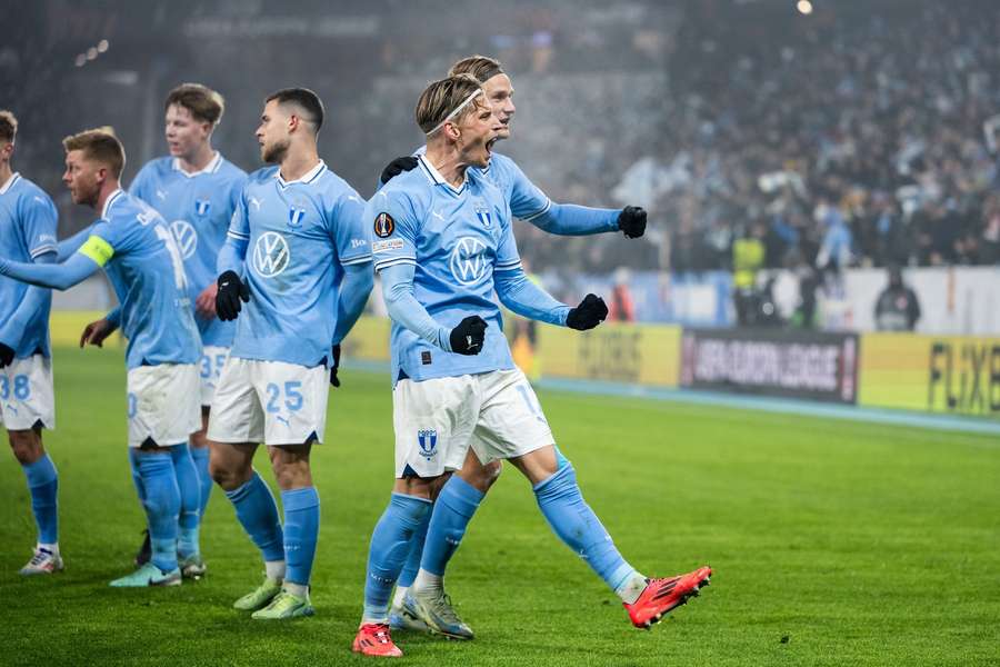 Malmo celebrate their goal Malmo celebrate their goal