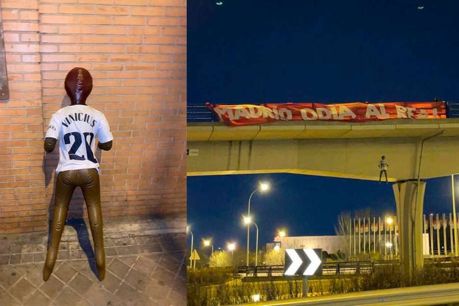Boneco de Vinícius Júnior foi pendurado na ponte antes do jogo entre Real Madrid e Atlético Madrid
