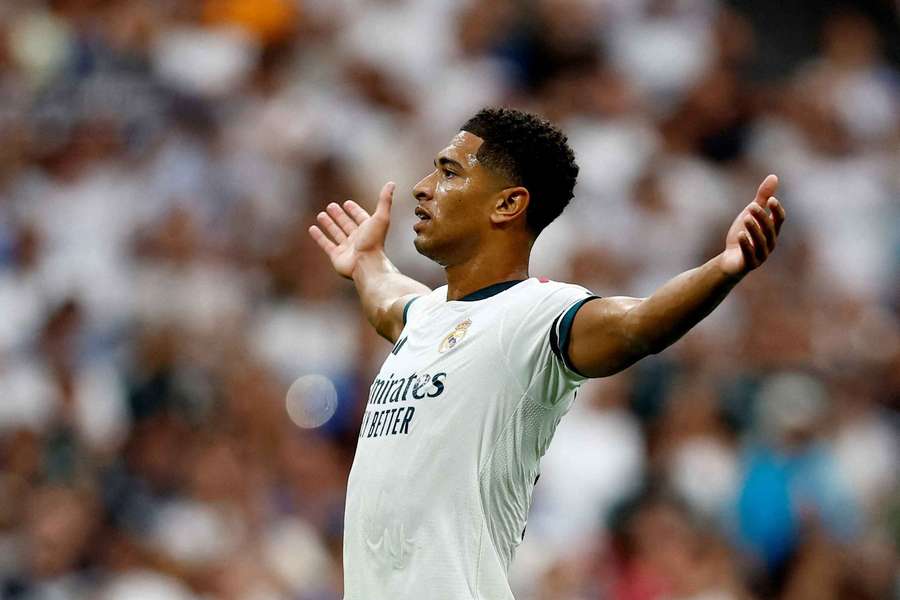 Real Madrid's Jude Bellingham celebrates their second goal against Malaga Real Madrid's Jude Bellingham celebrates their second goal against Malaga