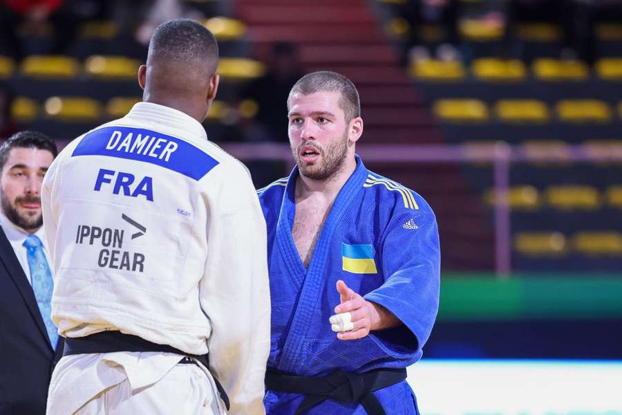 Damier uit Frankrijk tegen een Oekraïense judoka op het EK in Rome, afgelopen maart