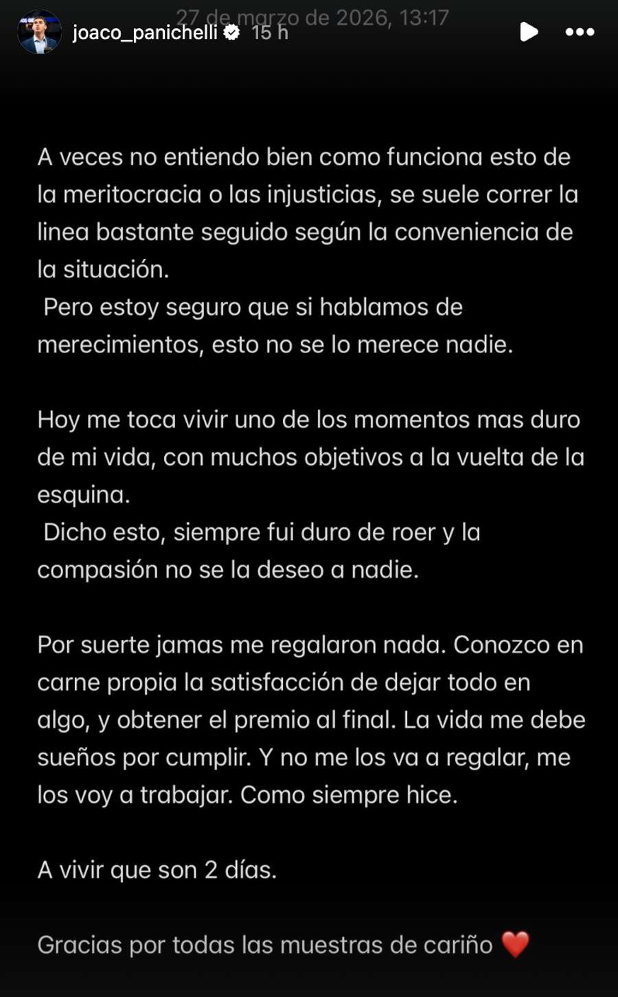 El mensaje de Panicelli en Instagram