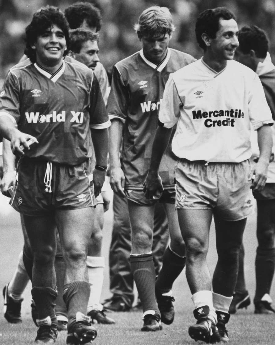 Diego Maradona and Ossie Ardiles after the Football League v Rest of the World game in 1987