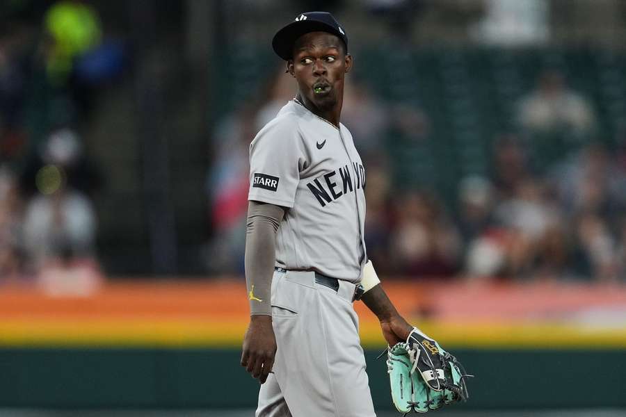 New York Yankees second baseman Jazz Chisholm Jr. reacts during a game