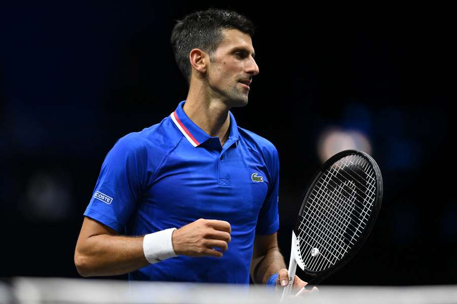 Novak Djokovic reacts after beating Frances Tiafoe in their Laver Cup men's singles match at the O2 Arena in London.