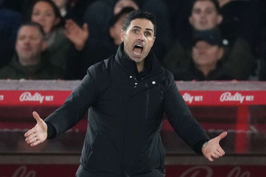 Arsenal's manager Mikel Arteta reacts on the touchline against Nottingham Forest